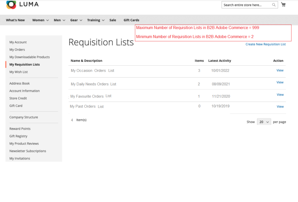 B2B Adobe Commerce Requisition List  Customer DashBoard