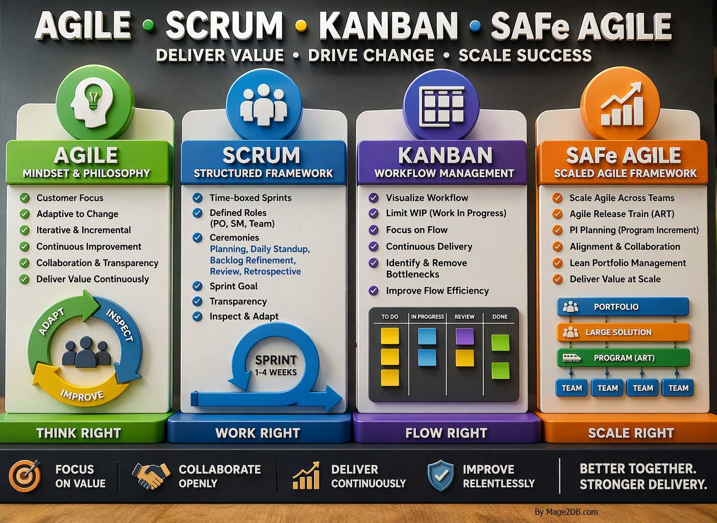 Explain Agile Methodology, Scrum Framework, SAFe and Kanban - MAGE2DB.COM